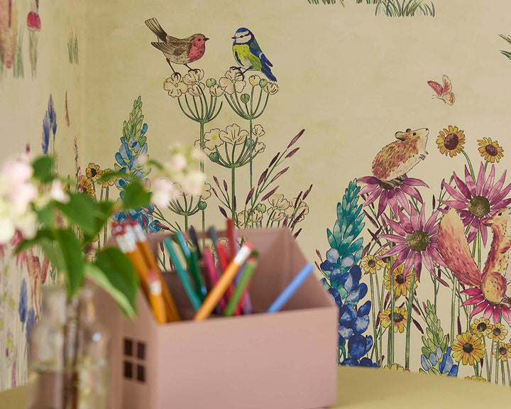Little Greene Potter’s Woodland Wallpaper in Spring in an kid's bedroom close up