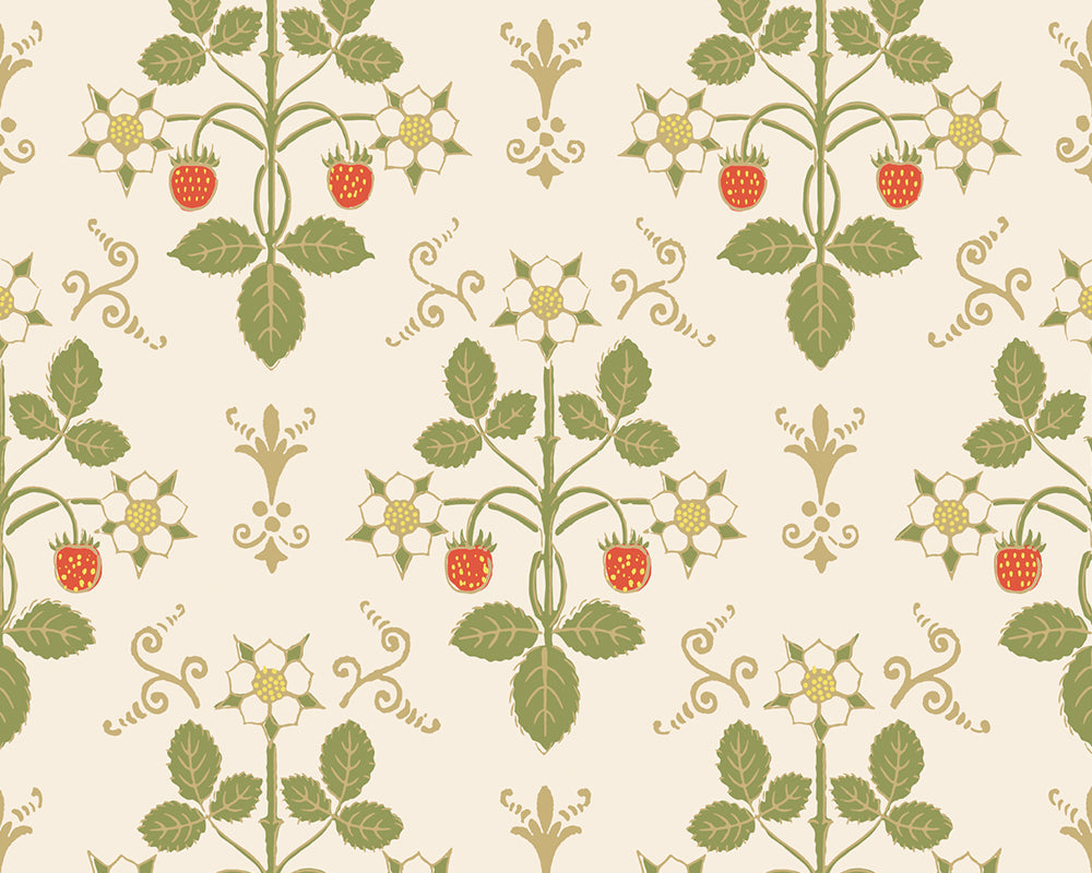 Cole & Son Strawberry in Poppy, Spring Green & Metallic Gold on Stone