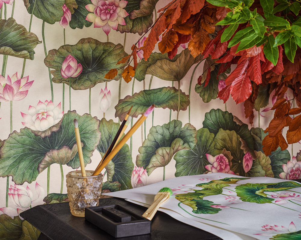 Cole & Son Lily Lotus in Pink & White in an office detail