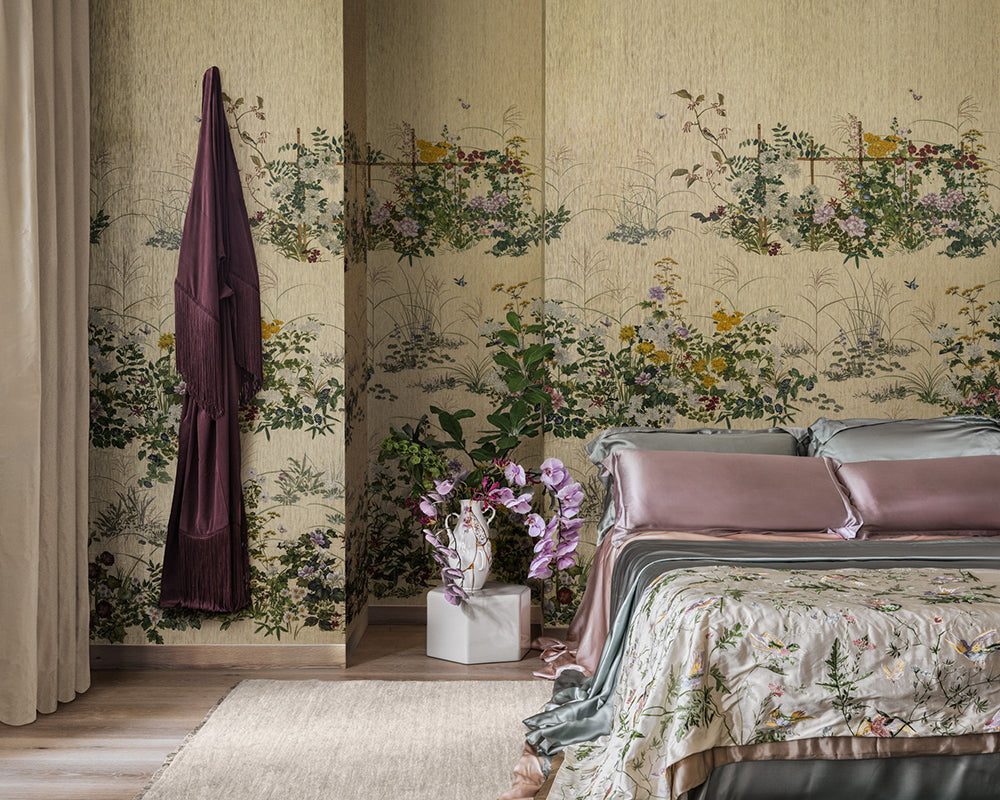 Cole & Son Scenic Flora in Gold - Japanese Paperweave in a bedroom
