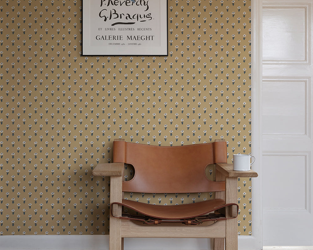 Sandberg Betty Wallpaper in Honey with a chair