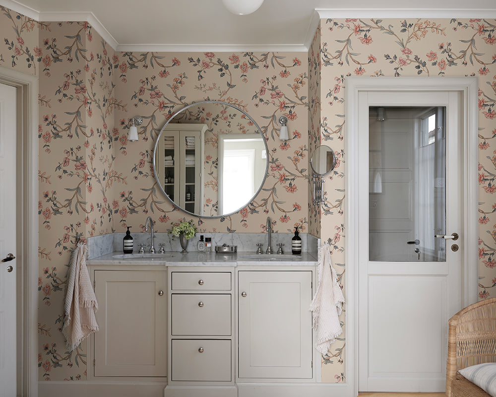 Sandberg Clara Wallpaper in Pastel in a bathroom