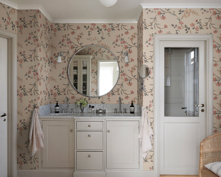 Sandberg Clara Wallpaper in Pastel in a bathroom
