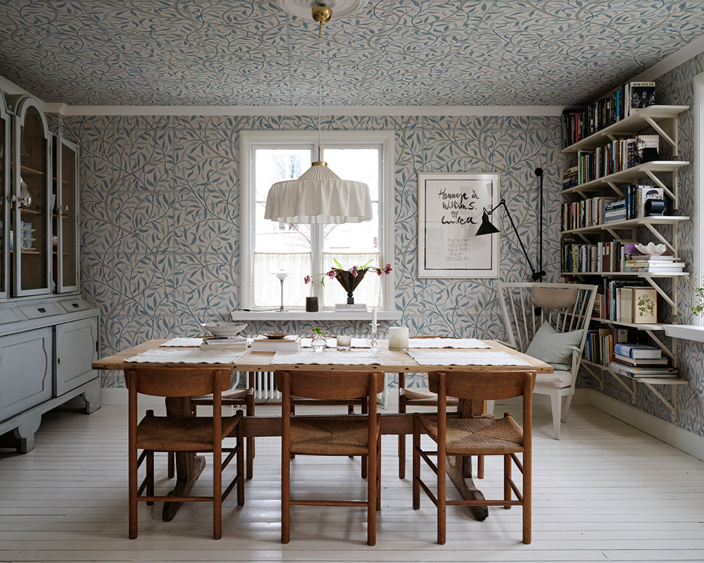 Sandberg Emmie Wallpaper in Misty Blue in a dinning room