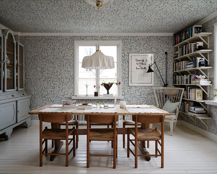 Sandberg Emmie Wallpaper in Misty Blue in a dinning room
