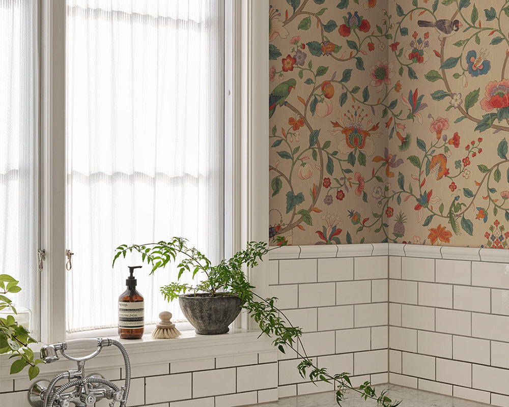 Sandberg Hedda Wallpaper in Colourful in a bathroom
