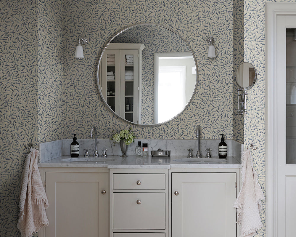 Sandberg Karolina Wallpaper in Blue in a bathroom