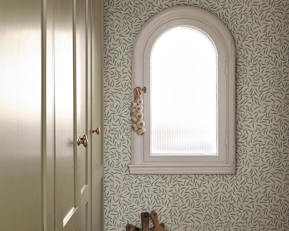 Sandberg Karolina Wallpaper in Green in a pantry