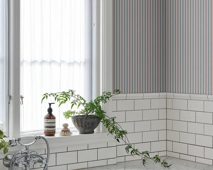 Sandberg Linn Wallpaper in Sky Blue in a bathroom