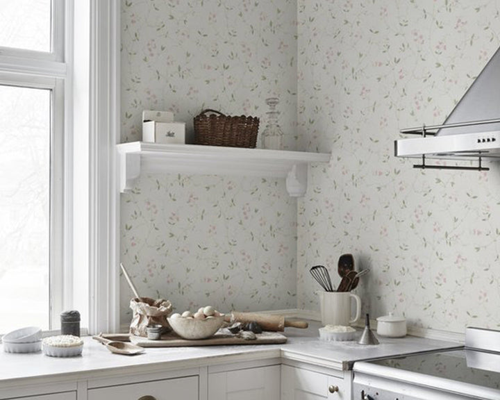 Sandberg Sanna Wallpaper in Light Pink in a kitchen