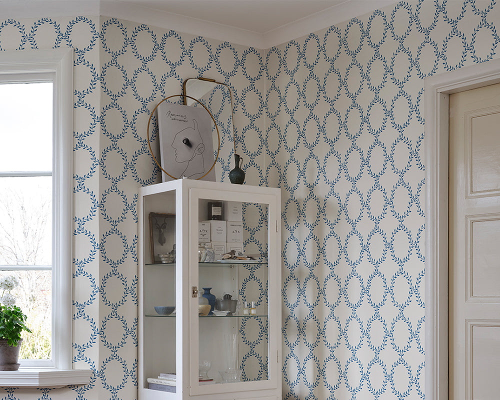 Sandberg Wilma Wallpaper in Blue in a living room
