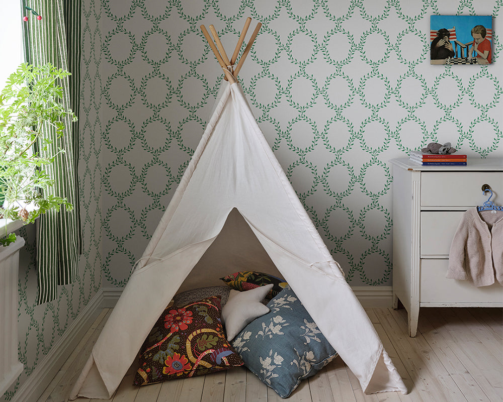 Sandberg Wilma Wallpaper in Green in a kid bedroom