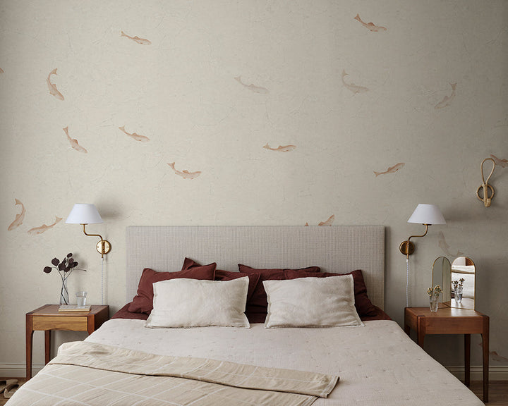Sandberg Hav Wallpaper in Terracotta in a bedroom
