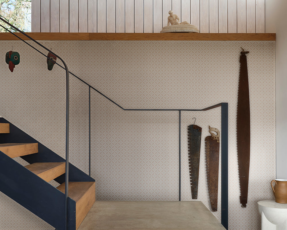Farrow and Ball Achard Wallpaper 6401 on an industrial style staircase