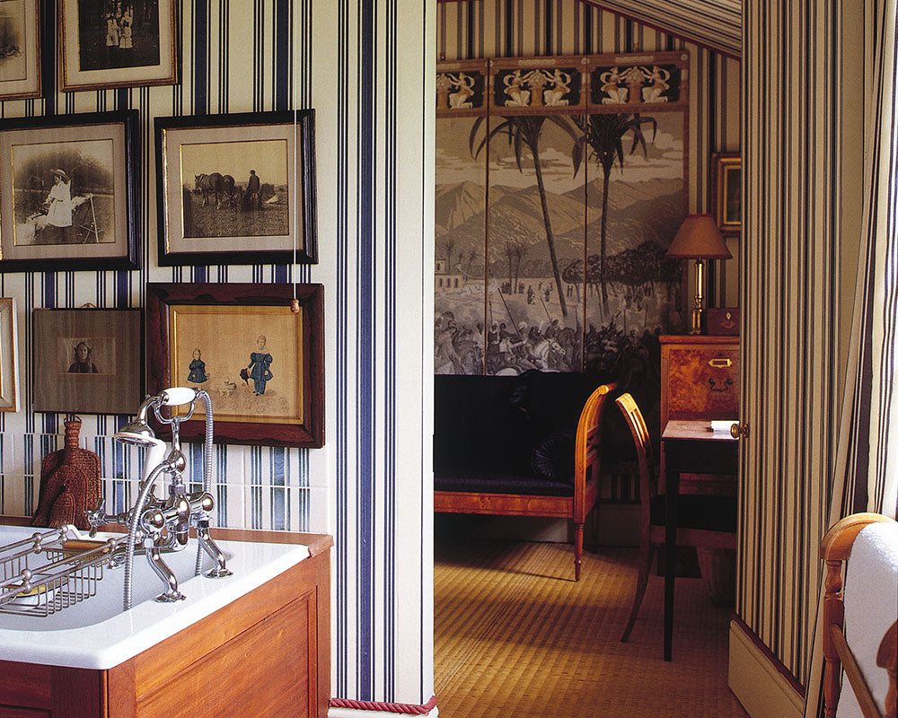 Farrow and Ball Tented Stripe Wallpaper used in a study