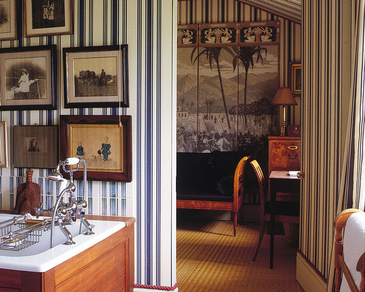 Farrow and Ball Tented Stripe Wallpaper used in a study