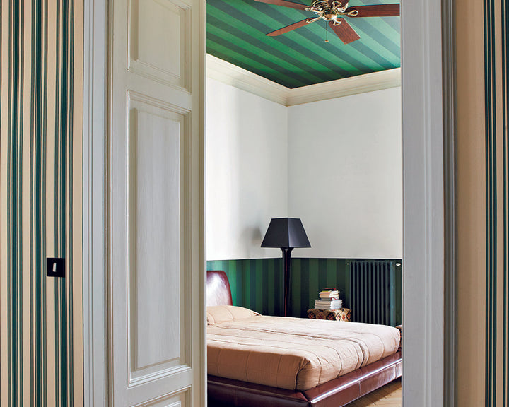 Farrow and Ball Tented Stripe Wallpaper used on the wall and ceiling in a bedroom
