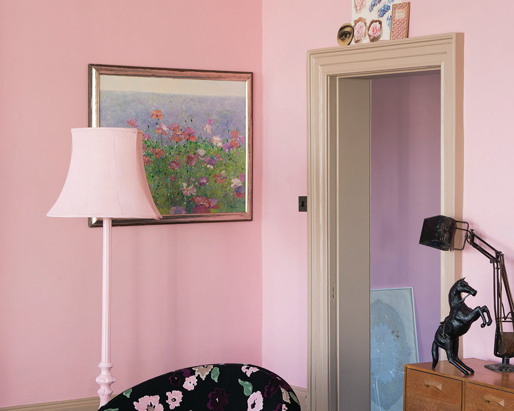 Nancy's Blushes 278 paint by Farrow & Ball in a living room