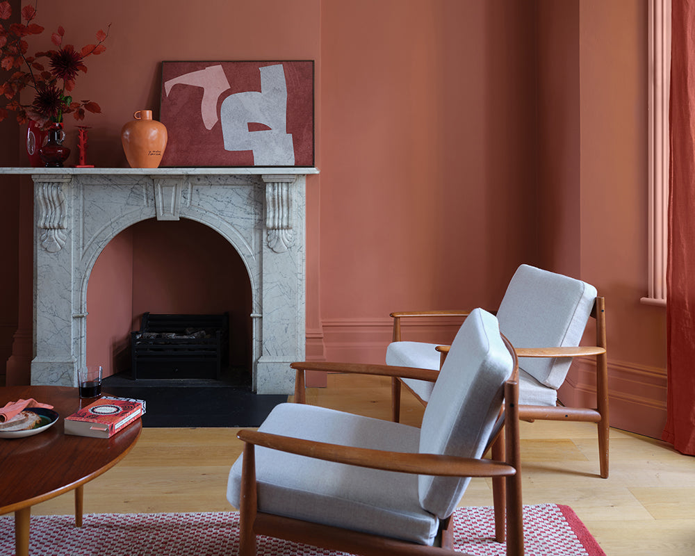 Red Earth 64 paint by Farrow & Ball on the walls of a living room