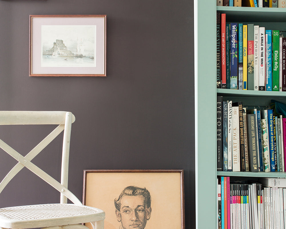 Tanner's Brown 255 paint by Farrow & Ball on a wall of a home library