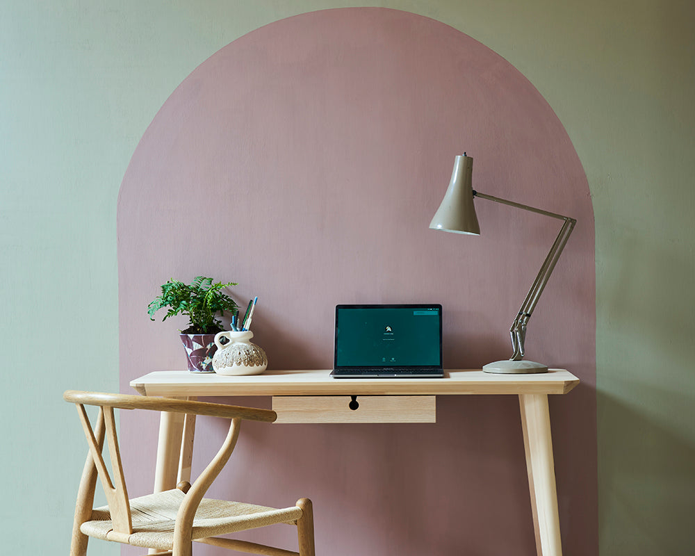 Sulking Room Pink 295 paint by Farrow & Ball used as an arch in a home office