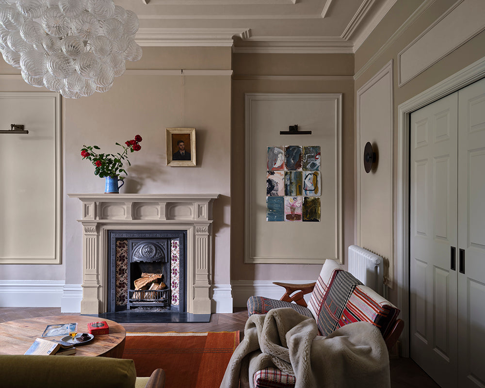 Jitney 293 paint by Farrow & Ball in a living room with fireplace