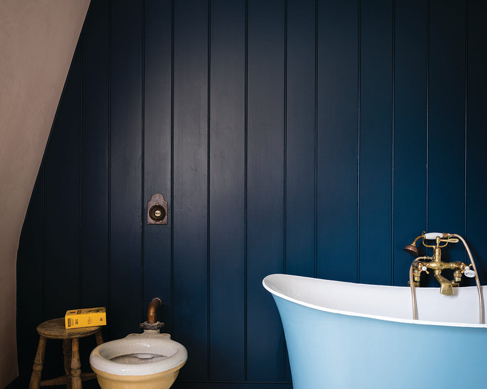 Hague Blue 30 paint by Farrow & Ball used on bathroom walls