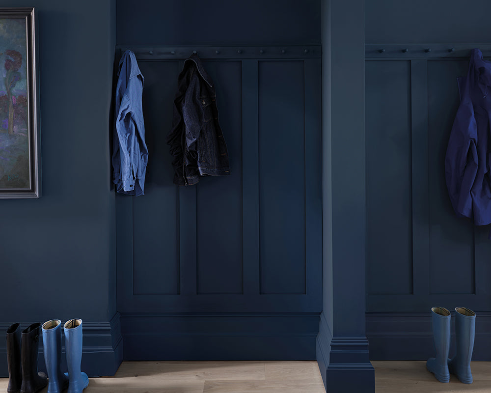 Hague Blue 30 paint by Farrow & Ball colour drenched in a hallway