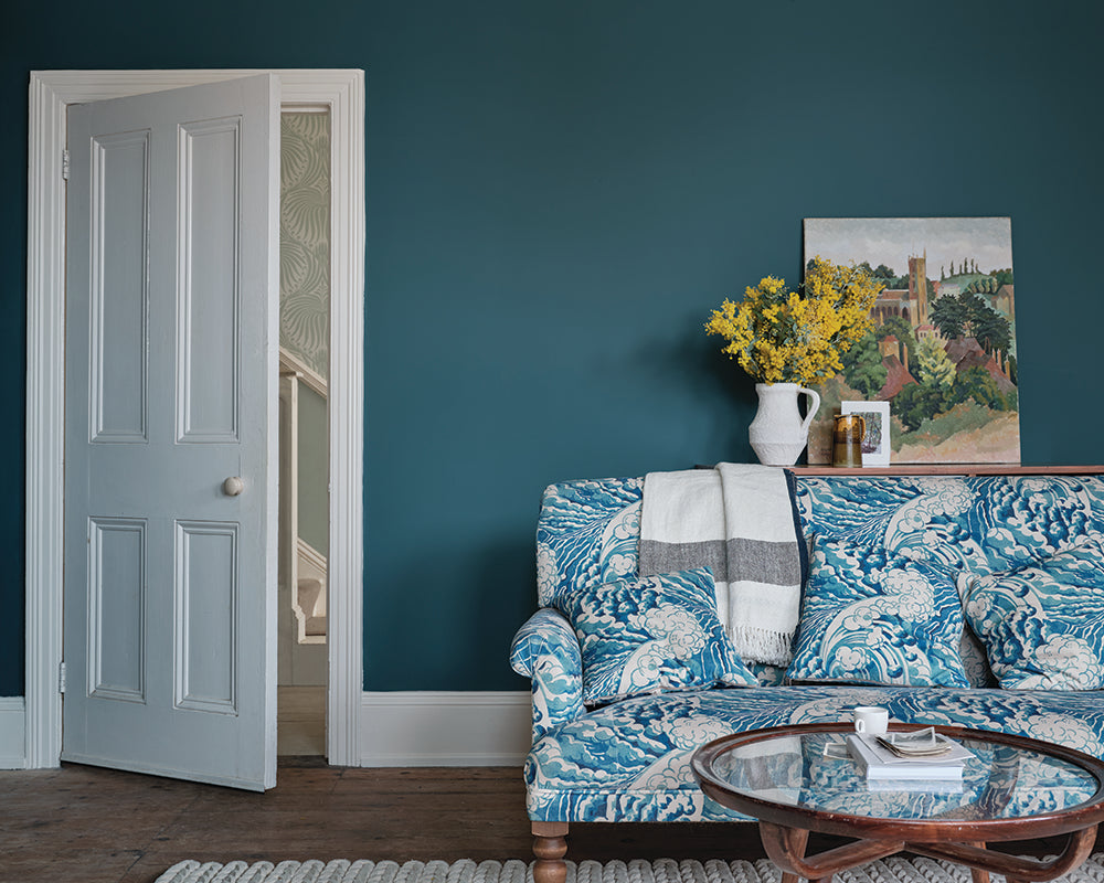 Coppice Blue G9 paint by Farrow & Ball in a cosy living room