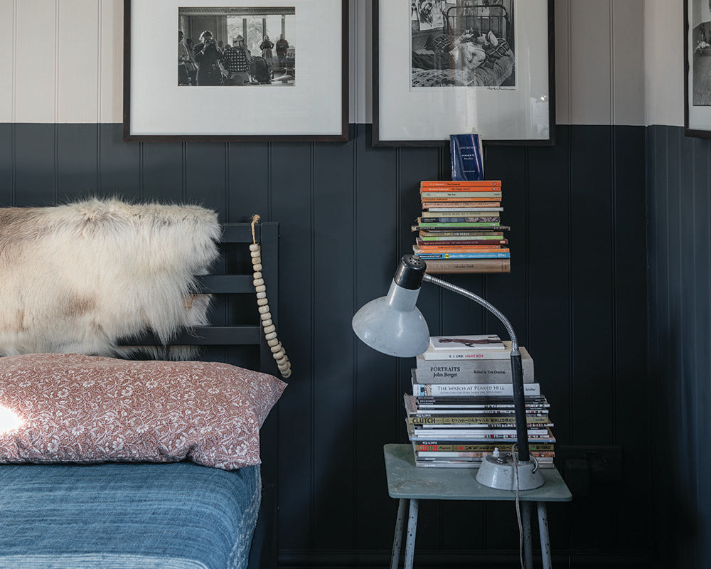 Railings 31 paint by Farrow & Ball used on panelling in a bedroom