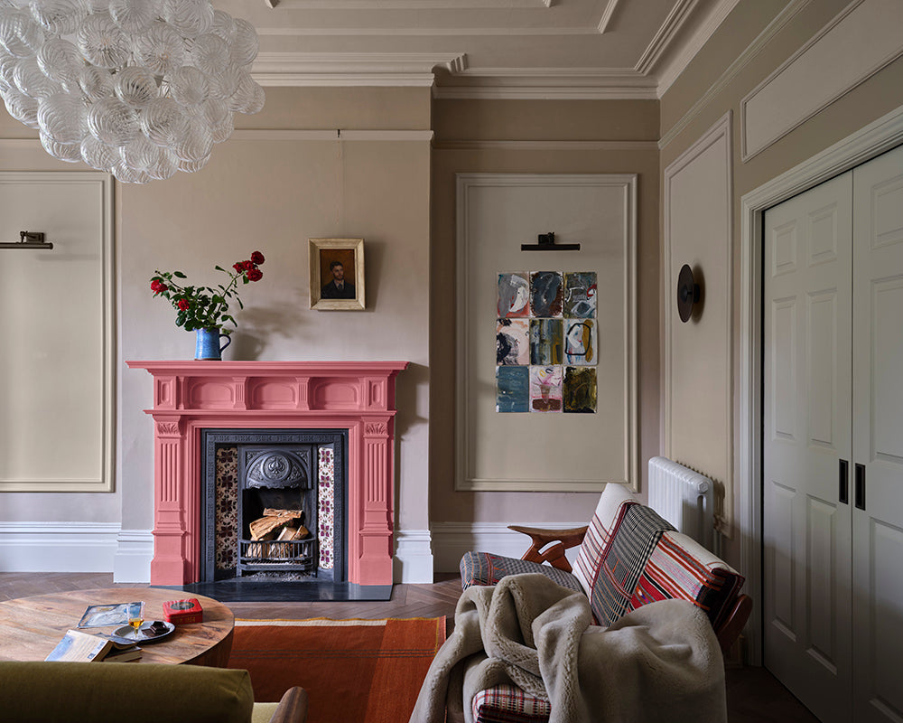 Stirabout 300 paint by Farrow & Ball in a living room with fireplace