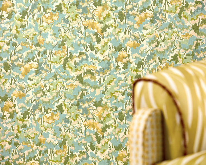 Harlequin Tree Tops Wallpaper shown close up on a wall