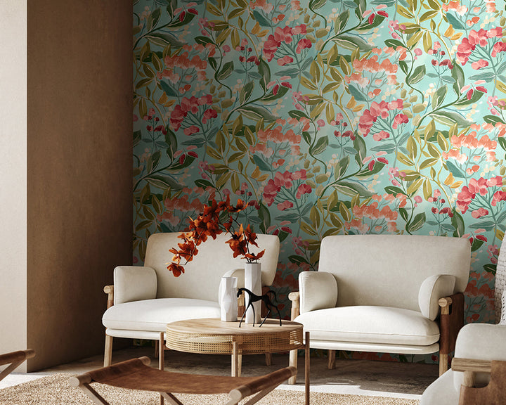 OHPOPSI Florence Wallpaper used as a feature wall in a neutral living space