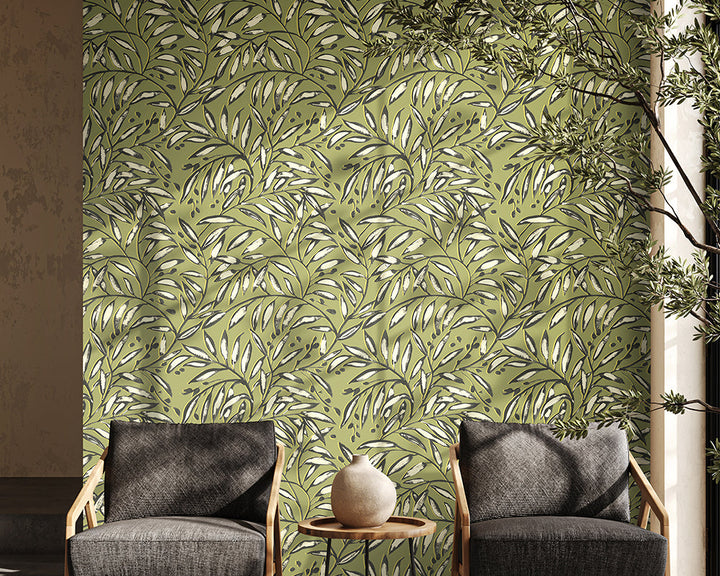 OHPOPSI Lorena Vine Wallpaper in Olive used in a rustic living space