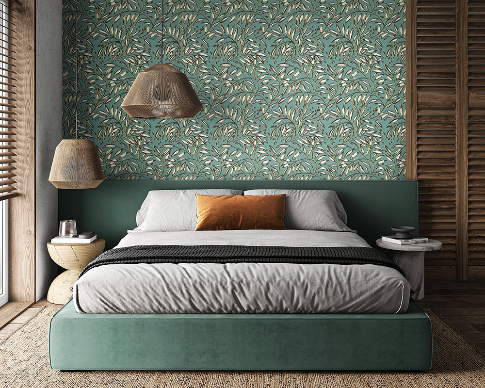 OHPOPSI Lorena Vine Wallpaper in Petrol used in a modern bedroom with natural furnishings