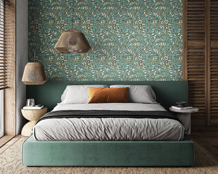 OHPOPSI Lorena Vine Wallpaper in Petrol used in a modern bedroom with natural furnishings