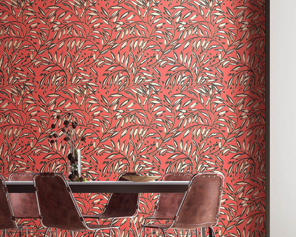 OHPOPSI Lorena Vine Wallpaper in Candy Apple used in a dining room