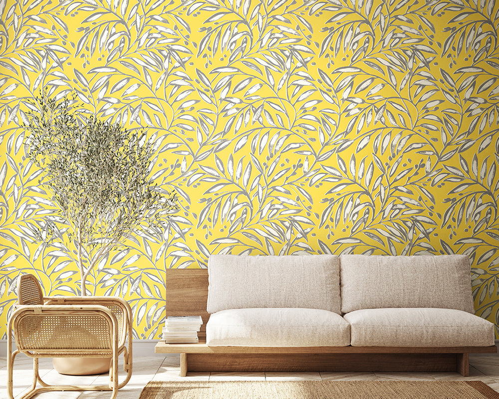 OHPOPSI Lorena Vine Wallpaper in Sunshine used in a neutral living space