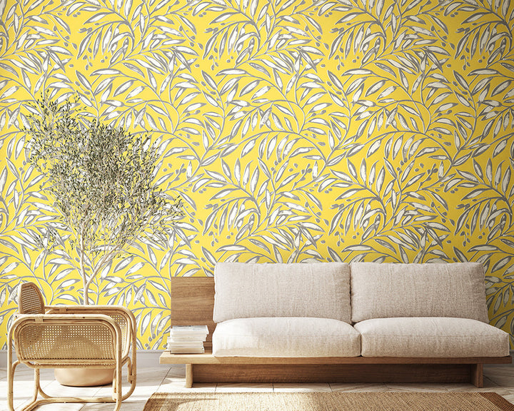 OHPOPSI Lorena Vine Wallpaper in Sunshine used in a neutral living space