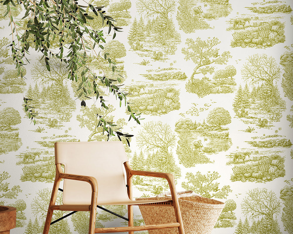 OHPOPSI Eve Toile Wallpaper in Olive used with modern furnishings