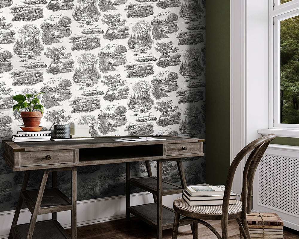 OHPOPSI Eve Toile Wallpaper in Noir used in a classic home office