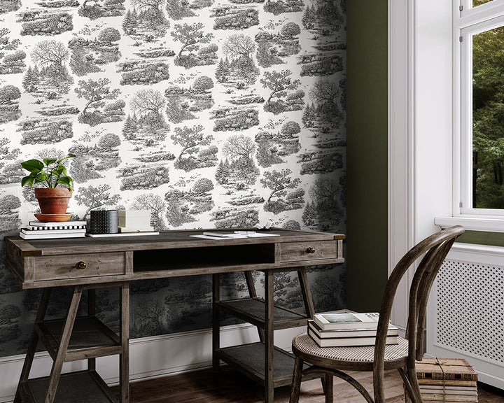 OHPOPSI Eve Toile Wallpaper in Noir used in a classic home office