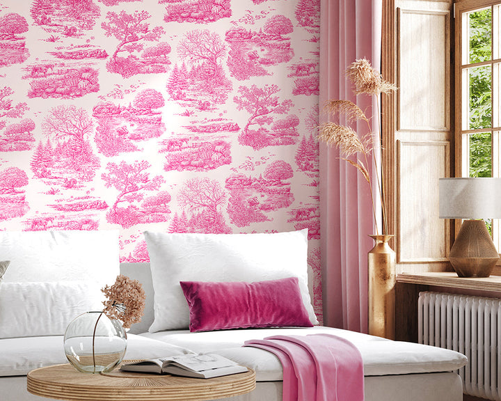 OHPOPSI Eve Toile Wallpaper in Magenta used in a living room