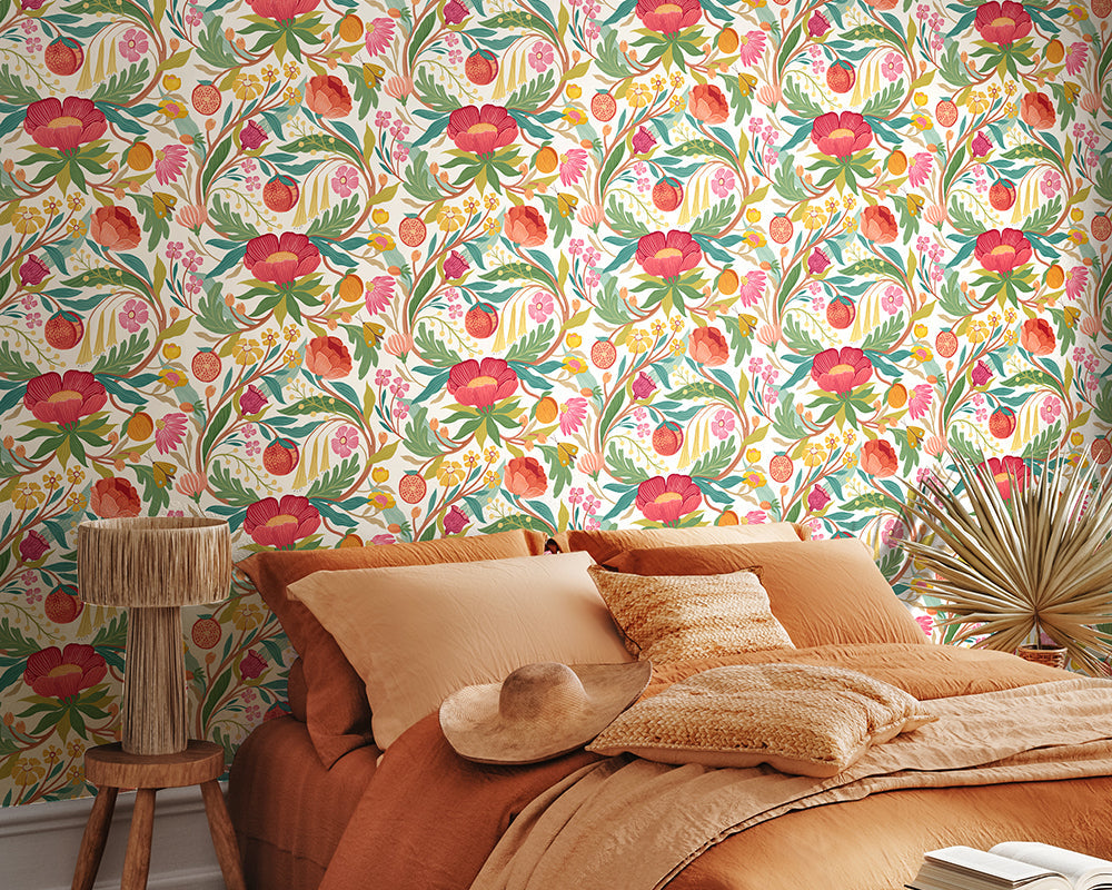OHPOPSI Clementine Wallpaper in Olive used in a fun and modern bedroom