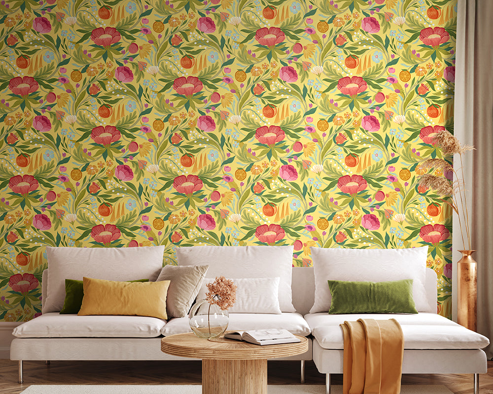 OHPOPSI Clementine Wallpaper in Marigold used in a modern living space