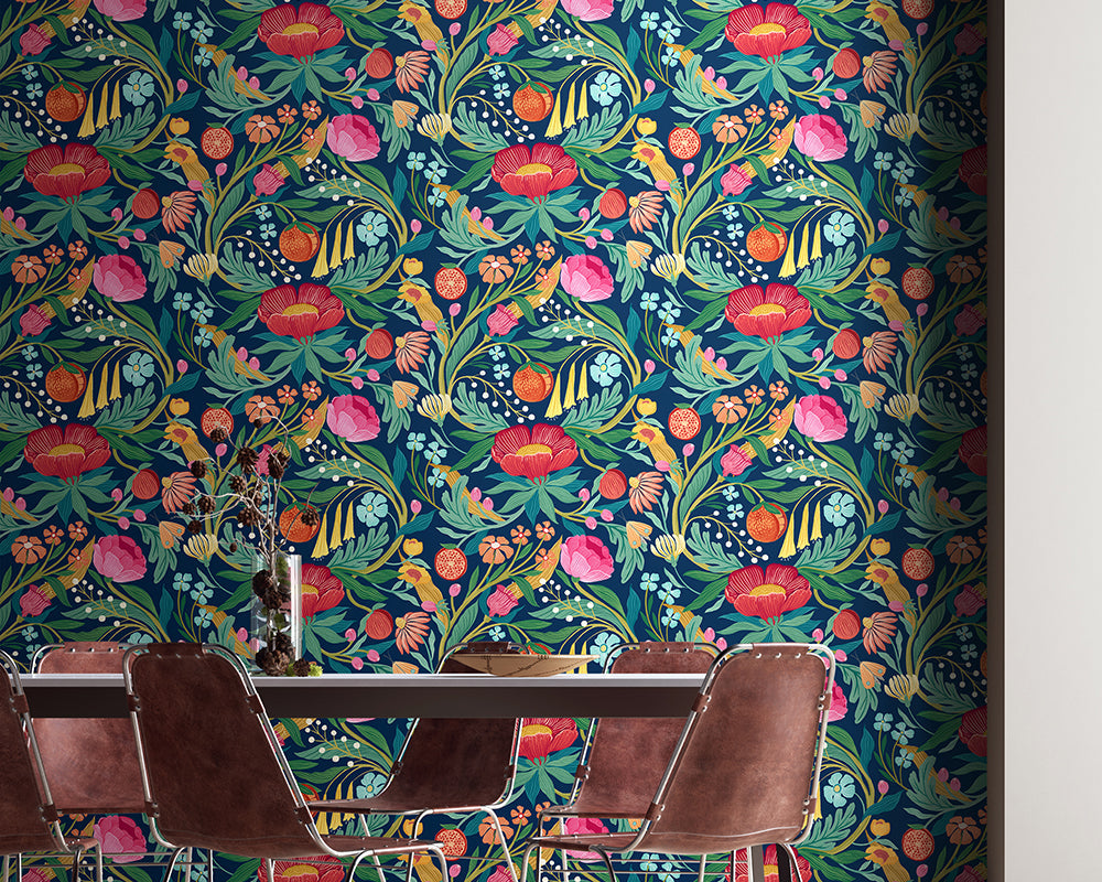 OHPOPSI Clementine Wallpaper in Ink & Flamingo used in a dining room