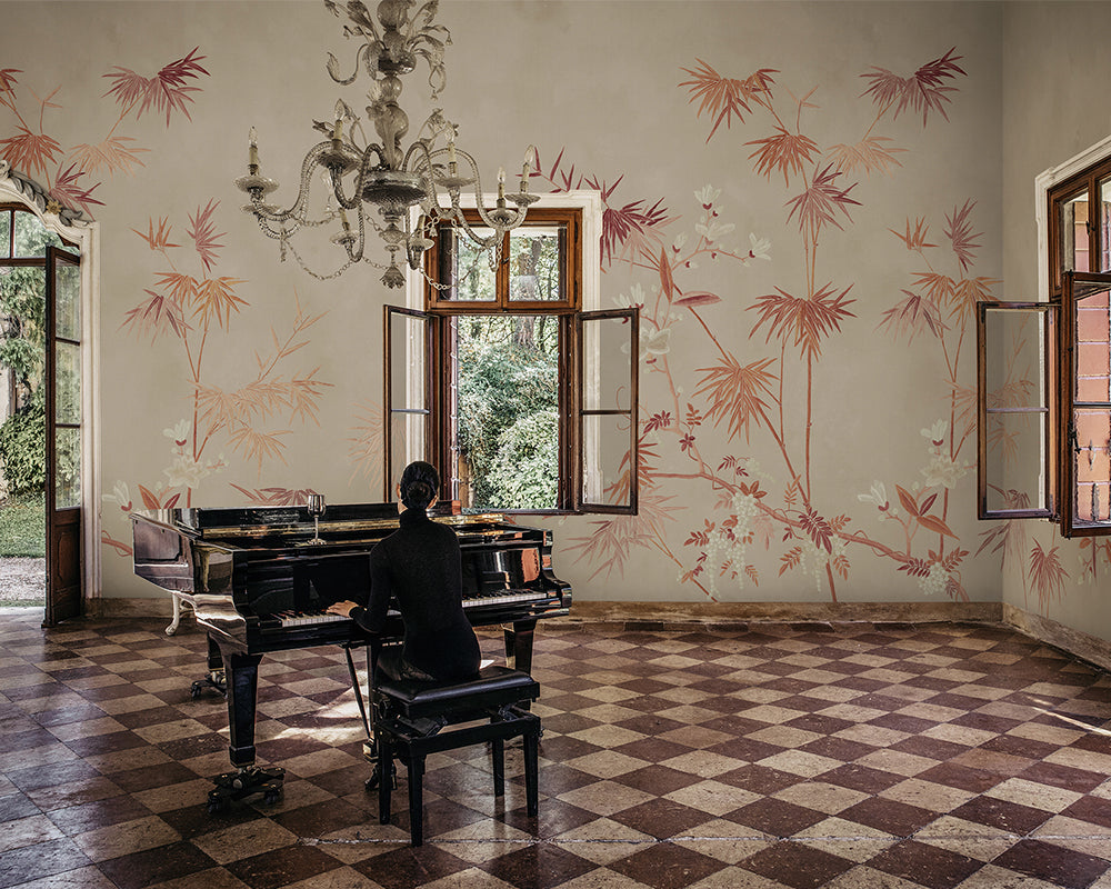 Sandberg Bamboo Grove Wallpaper in Clay in a dinning room set up