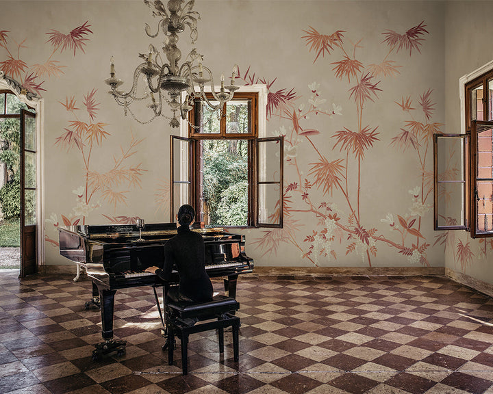 Sandberg Bamboo Grove Wallpaper in Clay in a dinning room set up