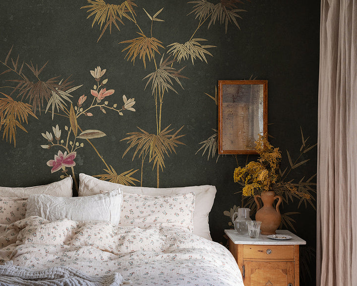 Sandberg Bamboo Grove Wallpaper in Dark Green in a bedroom set up