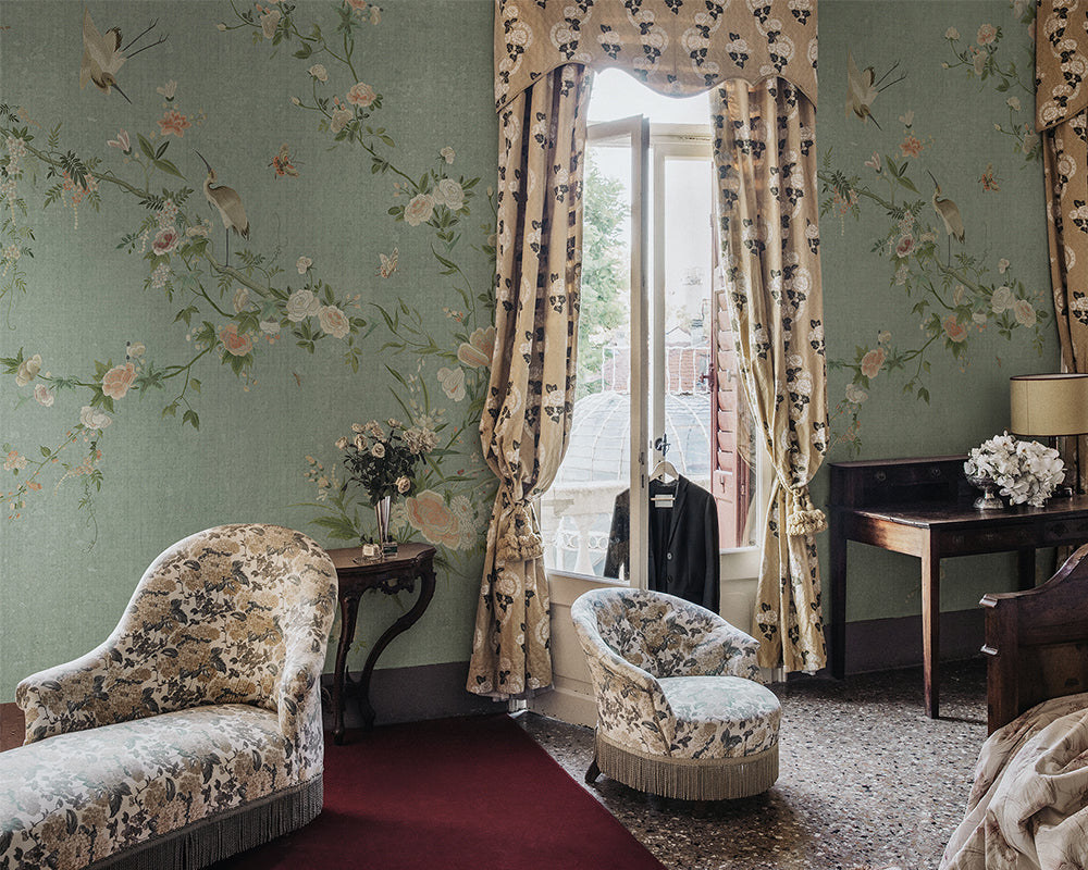 Sandberg Bloom Wallpaper in Teal in a bedroom set up